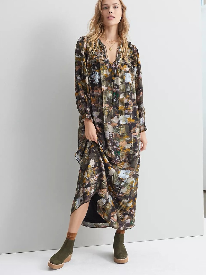 Anthropologie Black Abstract Dress With Gold Details; Fits S/M